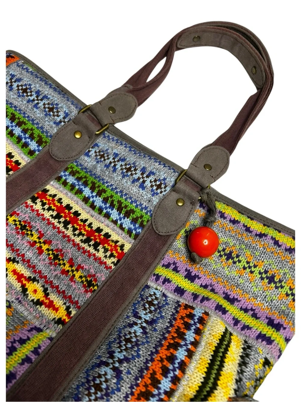 Free People Weekender Woven Tote Bag Boho Tribal Knit Orange Lined OS